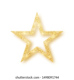 Gold shiny glitter glowing star with shadow isolated on white background. Vector illustration.