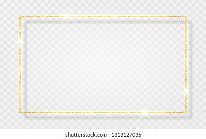 Gold shiny glitter glowing vintage frame with shadows isolated on transparent background. Golden luxury realistic rectangle border. Vector illustration.