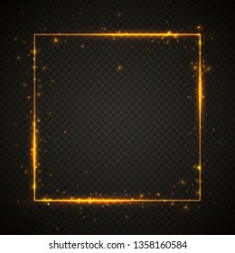 Gold shiny glitter glowing vintage frame with lights effects. Shining square banner on black transparent background. Vector illustration.