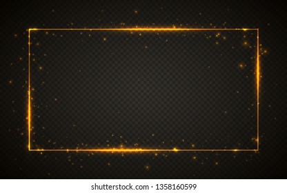 Gold shiny glitter glowing vintage frame with lights effects. Shining rectangle banner on black transparent background. Vector illustration.