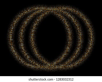 Gold shiny glitter round frame. Gold halftone effect circle pattern. Golden radial dots pop art background. Yellow brown dots on black Background. Random color gradient vector. Abstract design element