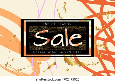 Gold shiny glitter sale advertisement banner on hand drawn background. Sale trendy poster with gold splashes and black frame. Rough colorful doodle fun special offer banner template.