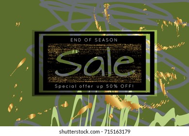 Gold shiny glitter sale advertisement banner on hand drawn background. Sale trendy poster with gold splashes and black frame. Rough colorful doodle fun special offer banner template.