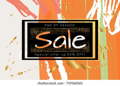 Gold shiny glitter sale advertisement banner on hand drawn background. Sale trendy poster with gold splashes and black frame. Rough colorful doodle fun special offer banner template.