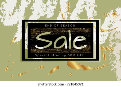Gold shiny glitter sale advertisement banner on hand drawn background. Sale trendy poster with gold splashes and black frame. Rough colorful doodle fun special offer banner template.