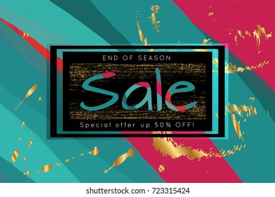 Gold shiny glitter sale advertisement banner on hand drawn background. Sale trendy poster with gold splashes and black frame. Rough colorful doodle fun special offer banner template.