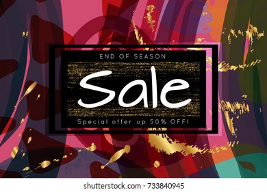 Gold shiny glitter sale advertisement banner on hand drawn background. Sale trendy poster with gold splashes and black frame. Rough colorful doodle fun special offer banner template.