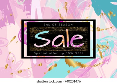 Gold shiny glitter sale advertisement banner on hand drawn background. Sale trendy poster with gold splashes and black frame. Rough colorful doodle fun special offer banner template.