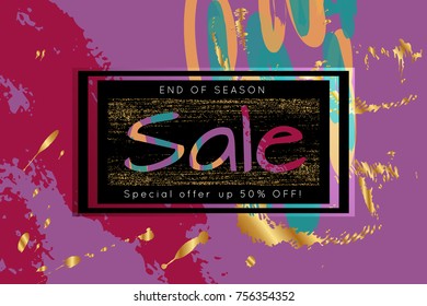 Gold shiny glitter sale advertisement banner on hand drawn background. Sale trendy poster with gold splashes and black frame. Rough colorful doodle fun special offer banner template.