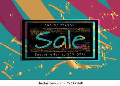Gold shiny glitter sale advertisement banner on hand drawn background. Sale trendy poster with gold splashes and black frame. Rough colorful doodle fun special offer banner template.