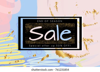 Gold shiny glitter sale advertisement banner on hand drawn background. Sale trendy poster with gold splashes and black frame. Rough colorful doodle fun special offer banner template.