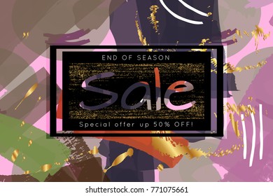 Gold shiny glitter sale advertisement banner on hand drawn background. Sale trendy poster with gold splashes and black frame. Rough colorful doodle fun special offer banner template.