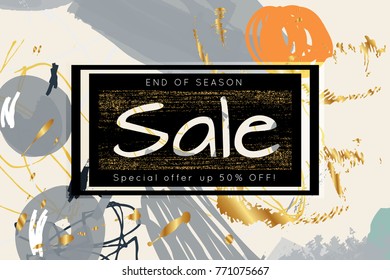 Gold shiny glitter sale advertisement banner on hand drawn background. Sale trendy poster with gold splashes and black frame. Rough colorful doodle fun special offer banner template.