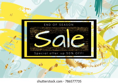 Gold shiny glitter sale advertisement banner on hand drawn background. Sale trendy poster with gold splashes and black frame. Rough colorful doodle fun special offer banner template.