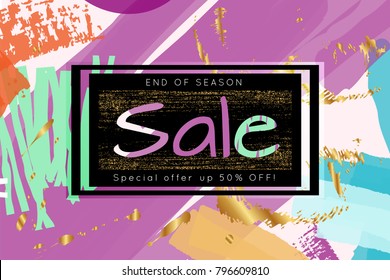 Gold shiny glitter sale advertisement banner on hand drawn background. Sale trendy poster with gold splashes and black frame. Rough colorful doodle fun special offer banner template.