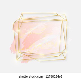 Gold shiny glowing art frame with rose pastel brush strokes isolated on white background. Golden luxury line border for invitation, card, sale, fashion, wedding, photo etc. Vector illustration