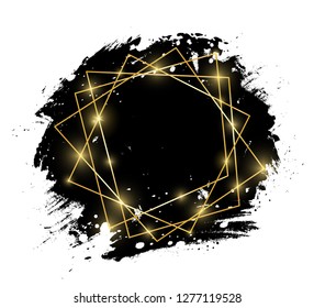 Gold shiny glowing art frame with grunge black brush strokes isolated on white background. Golden luxury line border for invitation, card, sale, fashion, advertising, photo etc. Vector illustration