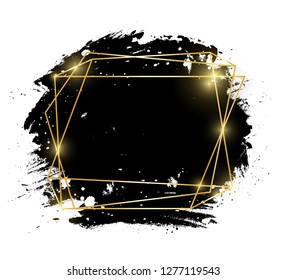 Gold shiny glowing art frame with grunge black brush strokes isolated on white background. Golden luxury line border for invitation, card, sale, fashion, advertising, photo etc. Vector illustration