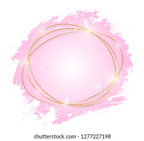 Gold shiny glowing art frame with pink brush strokes isolated on white background. Golden line border for invitation, card, sale, fashion, wedding. Woman, Valentine or mother day concept. Vector