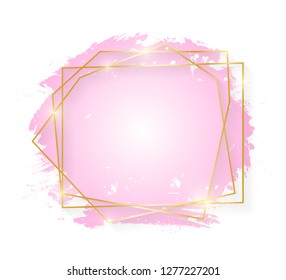 Gold shiny glowing art frame with pink brush strokes isolated on white background. Golden line border for invitation, card, sale, fashion, wedding. Woman, Valentine or mother day concept. Vector