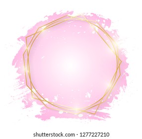 Gold shiny glowing art frame with pink brush strokes isolated on white background. Golden line border for invitation, card, sale, fashion, wedding. Woman, Valentine or mother day concept. Vector