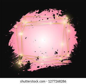 Gold shiny glowing art frame with pink brush strokes isolated on black background. Golden line border for invitation, card, sale, fashion, wedding, print etc. Woman, Valentine or mother day. Vector