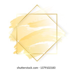 Gold shiny glowing art frame with golden brush strokes isolated on white background. Golden luxury line border for invitation, card, sale, fashion, wedding, photo etc. Vector illustration