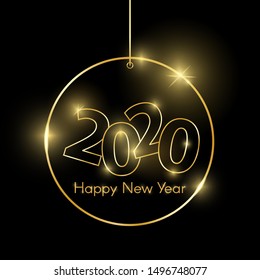Gold shiny glowing christmas toy isolated on black. 2020 golden luxury line border for invitation, card, sale, fashion etc. Minimalistic luxury New Year 2020 concept. Vector illustration