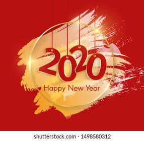 Gold shiny glowing christmas toy isolated on red. 2020 golden luxury line border for invitation, card, sale, fashion etc. Minimalistic luxury New Year 2020 concept. Vector illustration
