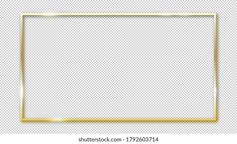 Gold shiny glowing frame isolated on transparent background. Golden rectangle border. Vector illustration.