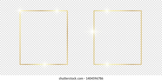 Gold shiny glowing frame with shadows isolated on transparent background. Golden luxury vintage realistic rectangle border. illustration - Vector