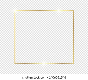 Gold shiny glowing frame with shadows isolated on transparent background. Golden luxury vintage realistic rectangle border. illustration - Vector