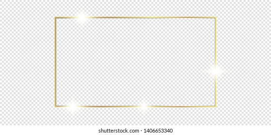 Gold shiny glowing frame with shadows isolated on transparent background. Golden luxury vintage realistic rectangle border. illustration - Vector