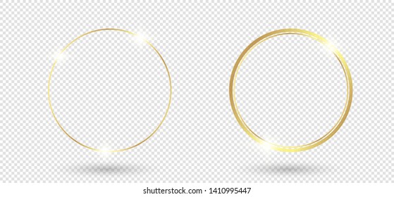 Gold shiny glowing frame with shadows isolated on transparent background. Golden luxury vintage realistic rectangle border. illustration - Vector