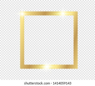 Gold shiny glowing frame with shadows isolated on transparent background. Golden luxury vintage realistic rectangle border. illustration - Vector