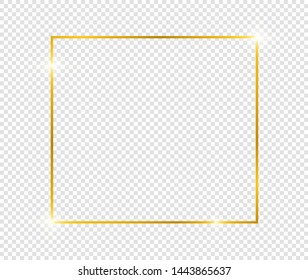 Gold shiny glowing frame with shadows isolated on transparent background. Golden luxury vintage realistic rectangle border. illustration - Vector