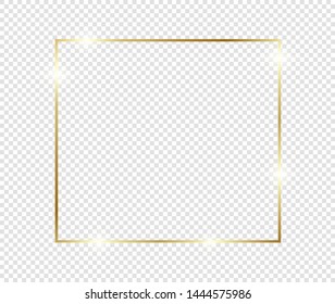 Gold shiny glowing frame with shadows isolated on transparent background. Golden luxury vintage realistic rectangle border. illustration - Vector