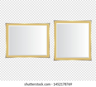 Gold shiny glowing frame with shadows isolated on transparent background. Gold luxury vintage style realistic border, photo, banner. illustration - Vector