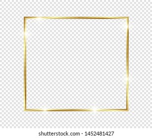 Gold shiny glowing frame with shadows isolated on transparent background. Golden luxury vintage realistic rectangle border. illustration - Vector