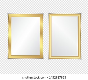 Gold shiny glowing frame with shadows isolated on transparent background. Gold luxury vintage style realistic border, photo, banner. illustration - Vector