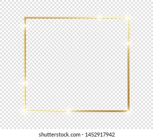 Gold shiny glowing frame with shadows isolated on transparent background. Golden luxury vintage realistic rectangle border. illustration - Vector