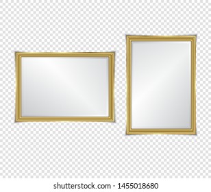 Gold shiny glowing frame with shadows isolated on transparent background. Gold luxury vintage style realistic border, photo, banner. illustration - Vector
