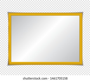 Gold shiny glowing frame with shadows isolated on transparent background. Gold luxury vintage style realistic border, photo, banner. illustration - Vector
