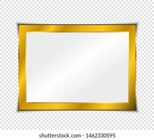 Gold shiny glowing frame with shadows isolated on transparent background. Gold luxury vintage style realistic border, photo, banner. illustration - Vector