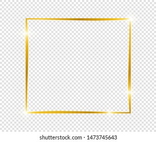 Gold shiny glowing frame with shadows isolated on transparent background. Golden luxury vintage realistic rectangle border. illustration - Vector