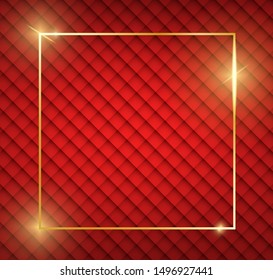 Gold shiny glowing frame with shadows on red vintage texture. Golden luxury realistic square border. Christmas and New Year empty card. For sale, invitation, flyer, cover, poster design. Vector