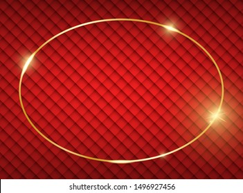 Gold shiny glowing frame with shadows on red vintage texture. Golden luxury realistic oval border. Christmas and New Year empty card. For sale, invitation, flyer, cover, poster design. Vector