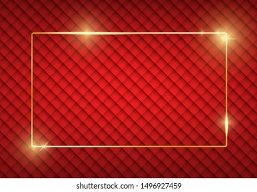Gold shiny glowing frame with shadows on red vintage texture. Golden luxury realistic rectangle border. Christmas and New Year empty card. For sale, invitation, flyer, cover, poster design. Vector