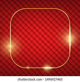 Gold shiny glowing frame with shadows on red vintage texture. Golden luxury realistic square border. Christmas and New Year empty card. For sale, invitation, flyer, cover, poster design. Vector