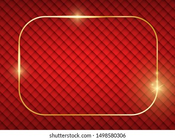 Gold shiny glowing frame with shadows on red vintage texture. Golden luxury realistic rectangle border. Christmas and New Year empty card. For sale, invitation, flyer, cover, poster design. Vector